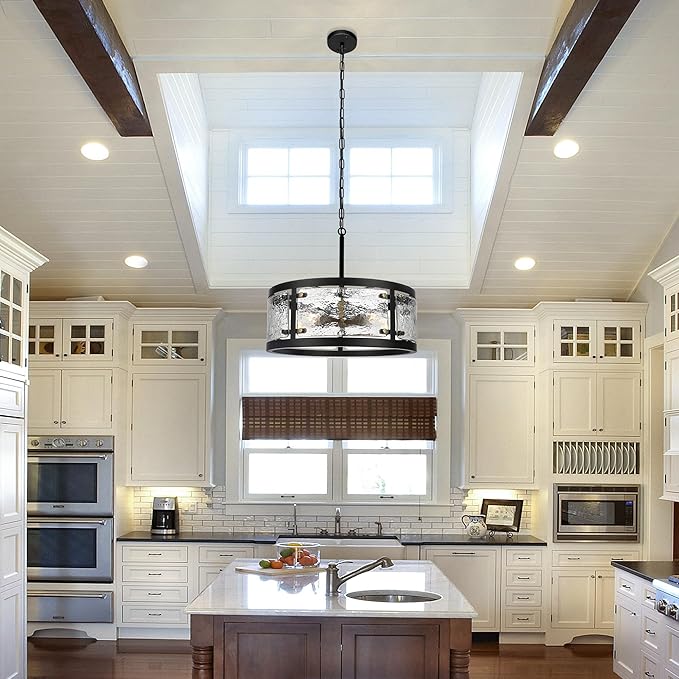 20" Farmhouse Round Black Chandelier, 5-Light Rustic Dining Room Light Fixtures Over Table, Industrial Glass Chandeliers for Dining Kitchen Living Room, Clear Waterglass Drum Shade