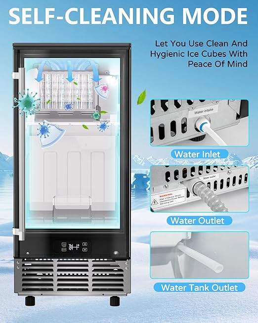Commercial Ice Maker Machine Reversible Door 120LBS/Day, Undercounter Ice Makers 30LBS Storage Bin and 40 Ice Cubes, Icemaker Machine Brushed Metal with Water Line, Ice Scoop