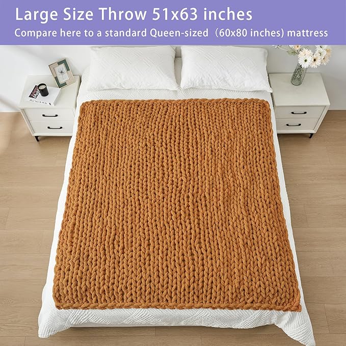 Bigacogo Chunky Knit Throw Blanket for Couch, 51x63 inches, 100% Hand Knitted with Thick Jumbo Chenille Yarn, Cozy Soft Large Rope Knot Cable Crochet Blankets for Sofa Bed Living Room, Burnt Orange