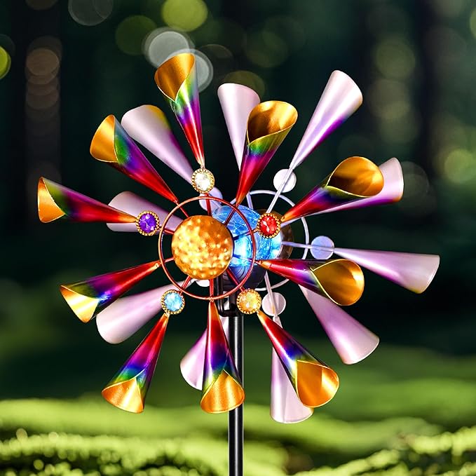 54'' Wind Spinners Outdoor Solar Garden Decor Light - Unique Metal Stake Colorful Windmill, Durable Waterproof Design for Garden, Lawn, Patio