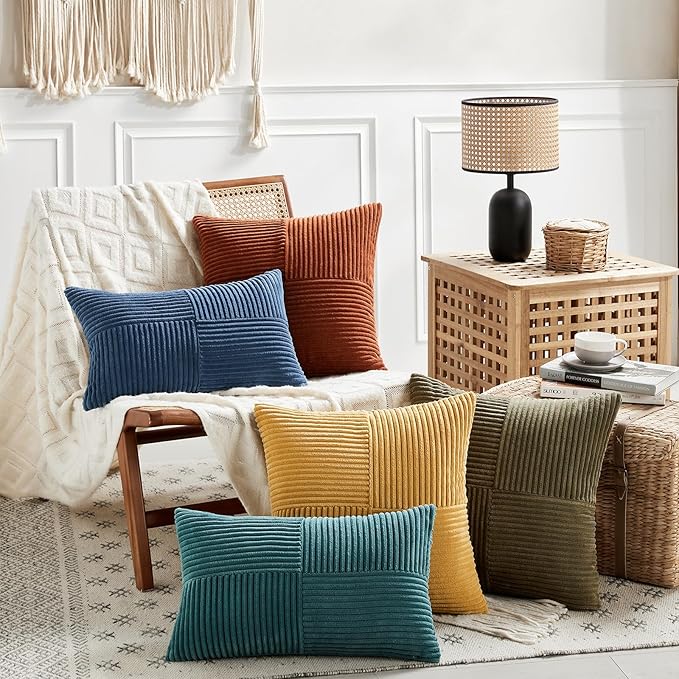 Fancy Homi 2 Packs Olive Green Decorative Throw Pillow Covers 16x16 Inch for Living Room Couch Bed, Rustic Farmhouse Boho Home Decor, Soft Corss Patchwork Corduroy Textured Cushion Case 40x40 cm