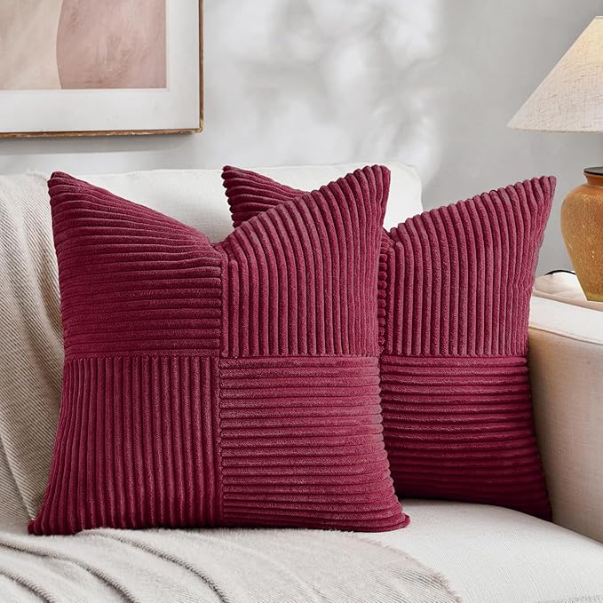 Fancy Homi 2 Packs Burgundy Samll Decorative Throw Pillow Covers 14x14 Inch with for Couch Bed Sofa, Rustic Farmhouse Boho Home Decor, Soft Corss Patchwork Corduroy Square Cushion Case 35x35 cm
