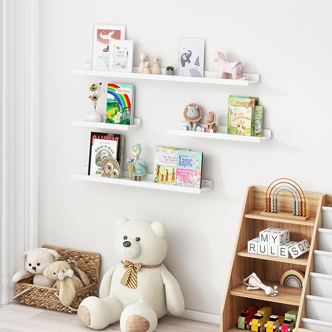 Picture Ledge Shelf for Wall, 48 inches Solid Pine Wood Nursery Book Shelves 3 Pack, Floating Ledge Shelves for Kids' Room, Bedroom, Bathroom Long Floating Shelves for Wall, White