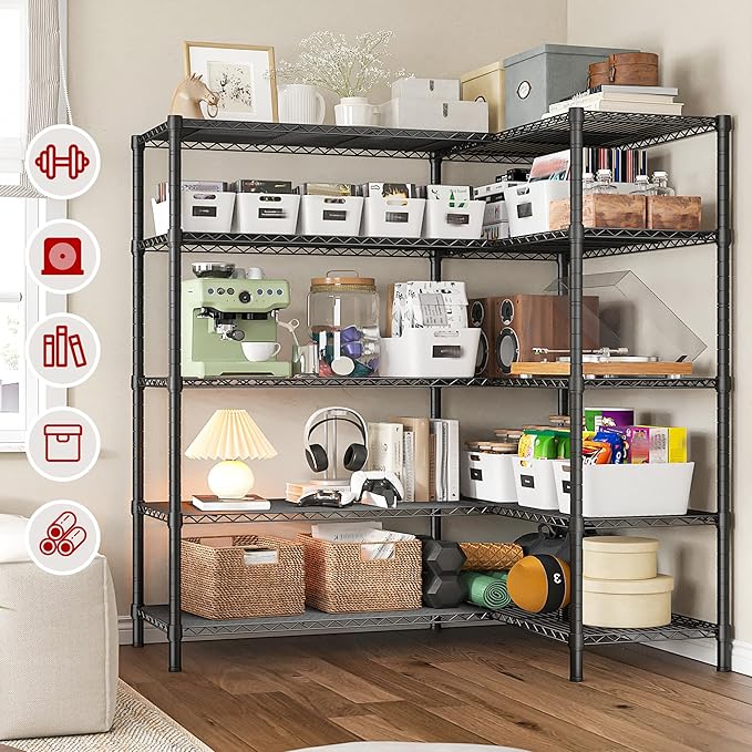 REIBII 5 Tier Wire Shelving Storage Shelves Loads 1430LBS, 58" W Metal Shelving Unit for Storage Adjustable Heavy Duty Garage Shelving Pantry Shelves Kitchen Shelving, Black, 2 Pack