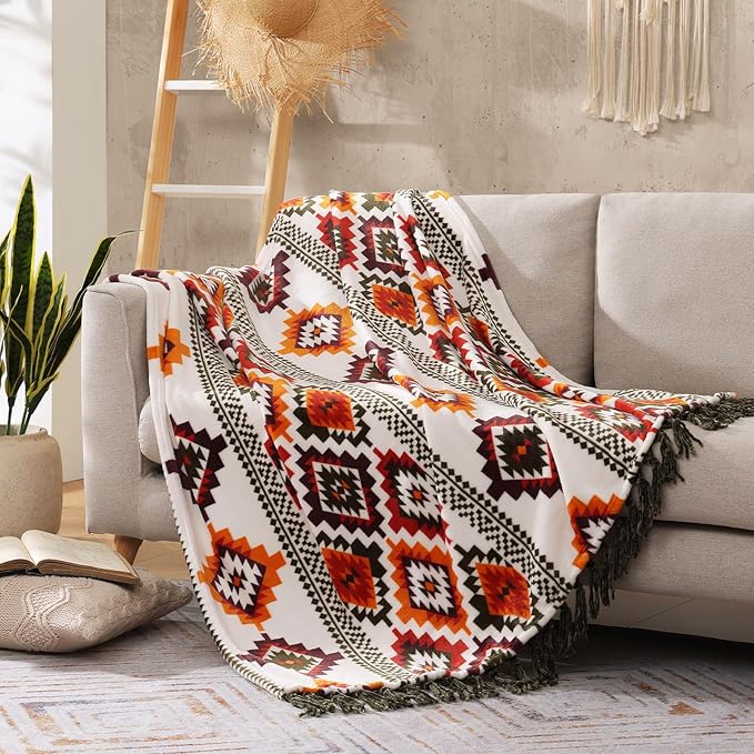 CASAAGUSTO Boho Throw Blanket - Orange and Green Decorative Blankets with Tassel, Printed Flannel Bohemian Blanket for Chair, Bed, Sofa, Couch(50 * 60, Orange and Green)