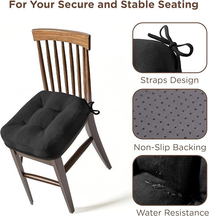 Codi Dining Chair Cushions 4 Pack, Thick Chairs Pads for Indoor Kitchen Room - Washable, Non-Slip Memory Foam Seat Cushion with Ties, 16.5"x16.5"x 3.5", Set of 4, Black