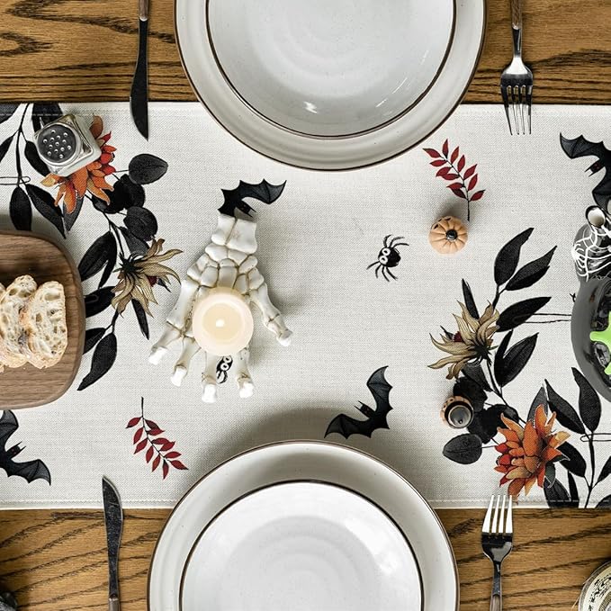 Artoid Mode Pumpkin Ghost Leaves Spider Web 210 GSM Halloween Table Runner, Spooky Kitchen Dining Table Decoration for Home Party Decor 13x120 Inch