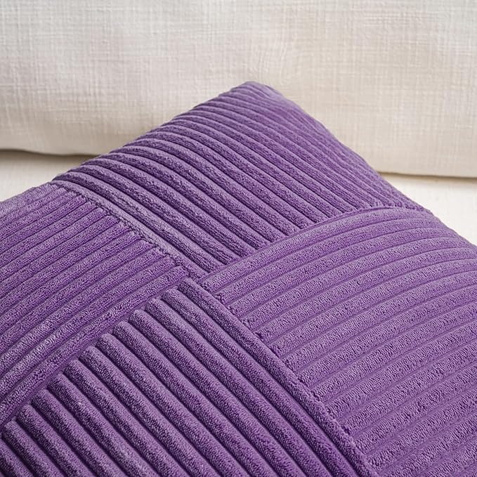 Fancy Homi 2 Packs Purple Euro Decorative Throw Pillow Covers 26x26 Inch for Living Room Couch Bed, Farmhouse Boho Home Decor, Soft Corss Corduroy Patchwork Textured Square Cushion Case 66x66 cm