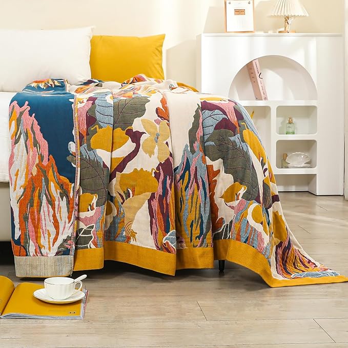 Boho Large Throw Blanket for Bed Couch 60" x 80 "100% Cotton Gauze Fall Blankets Home Decor Soft Lightweight for Sofa Quilt with Floral Butterfly