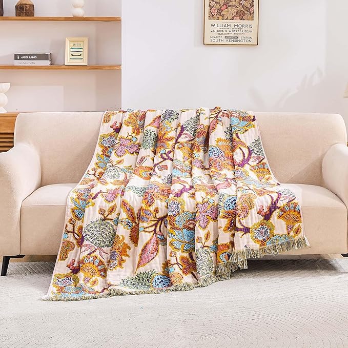 Boho Throw Blanket for Bed, 100% Cotton Soft Rustic Quilt Fall Blanket, 60"x80" Floral Printed Farmhouse Decor Bed Blankets, All Season Rustic Reversible Bohemian Throw Quilt