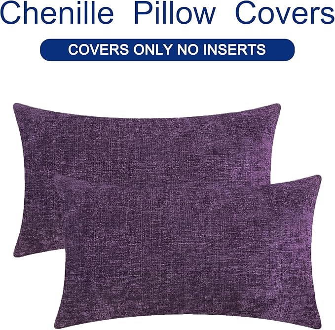 CaliTime Throw Pillow Covers Decorative 16 X 26 Inches Pack of 2 Cozy Chenille Cushion Cases for Couch Sofa Bed Living Room Home Plum Purple