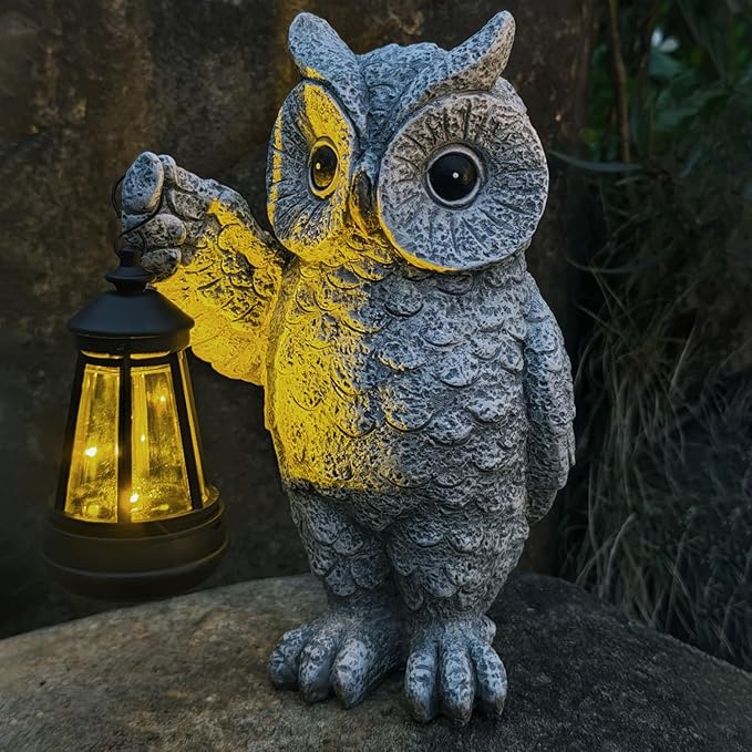 Garden Statues, owl Outdoor Figurines Decorated with Solar Lights, Unique Christmas Birthday Gifts for Moms, Grandmas, Women, Wives, Sisters (Grey Owl1)