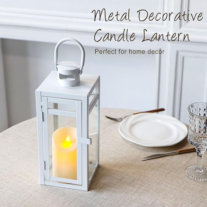 TRIROCKS Stainless Steel Decorative Lantern 12'' High Metal Candle Holder with Clear Glass Panels Perfect for Home Decor Living Room Parties Events Tabletop Indoor Outdoor (White)