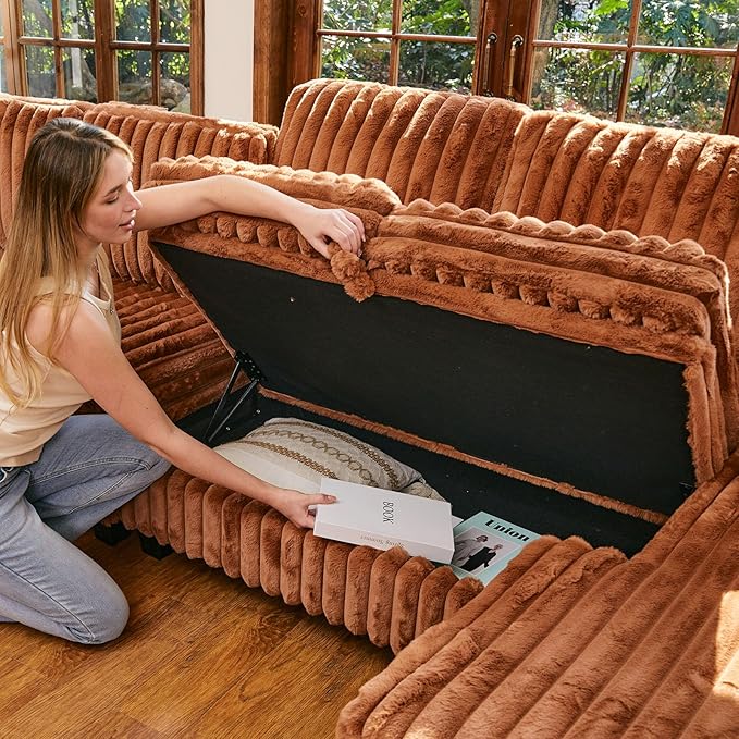 Belffin Corduroy Sleeper Sofa Bed with Storage Chaise Modular Sectional Sofa Couch with Pull Out Bed L Shaped Sectional Couches for Living Room Brick Red Couch