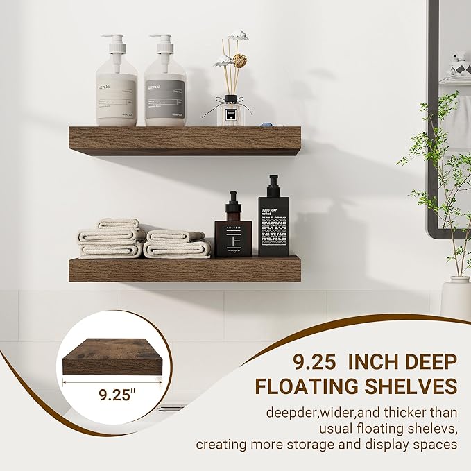 16 Inch Floating Shelves, 16"x9.25"x1.5" Inch Deep Floating Shelves for Wall, Wooden Shelves for Bathroom, Bedroom, Living Room, Brown