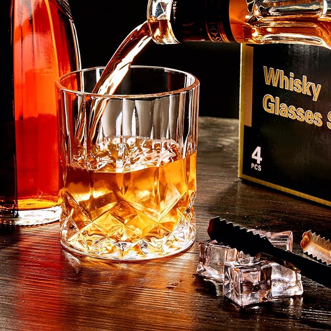 Whiskey Glasses Set of 4,Rock Glasses,11 oz Lead-Free Crystal Bourbon Glass,Old Fashioned Glass for Bourbon,Cognac,Irish Whisky,Personalised Whisky Glass Gift Set for Men,Dad,Brother