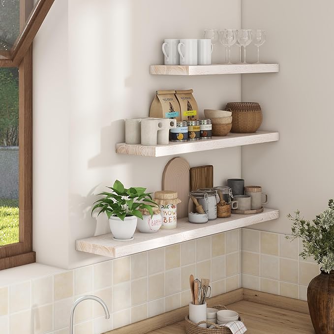 Axeman Floating Shelves for Wall - 40''W x 8'' D Rustic Solid Elm Wood Shelves for Storage, Wall Mounted Display Shelving with Invisible Heavy-Duty Metal Bracket (White Wash, 2PCs)