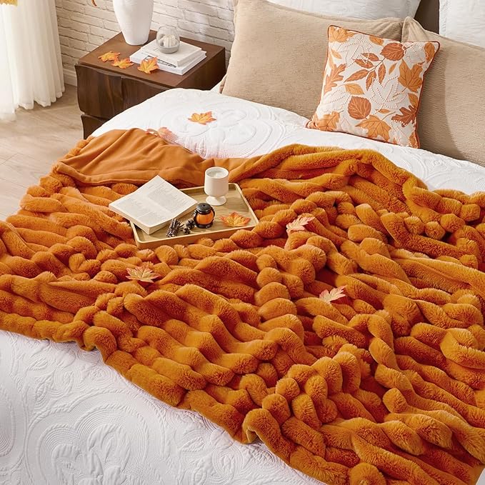 Cozy Bliss Fall Harvest Faux Fur Throw Blanket for Couch, Cozy Warm Plush Striped Blanket for for Decorating Couch Sofa Bedroom Living Room,60 * 80 Inches Burnt Orange