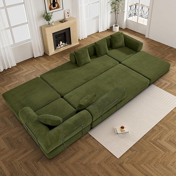 Convertible Sleeper Sofa Bed Set with Pillow, 4-in-1 Corduroy Folding Mattress Boneless Couch with Fixed-Shape Frame, Fold Out Floor Sofa Cama Lounge Couch for Living Room, Olive Green