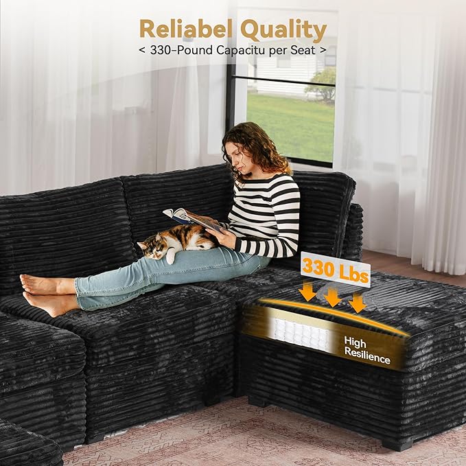 Modular Sectional Sofa with Chaise U Shaped Sectional Couch for Living Room, 8-Seater Comfy Cloud Couches with One Movable Ottoman, Plush Corduroy, Black