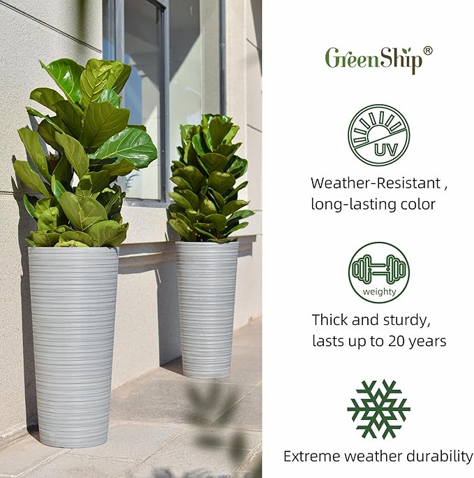 GreenShip 27" Tall Planters, Set of 2 – Black Outdoor Planter for Front Porch & Tall Plants, Weather-Resistant, with Drainage Hole & Rubber Plug (No Plants Included) (Light Gray)