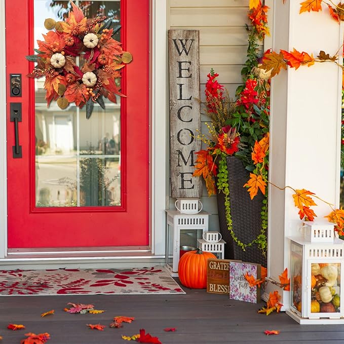 Fall Wreaths for Front Door, DECSPAS 21" Fall Wreath with Maple Leaves Pumpkin Berries, Autumn Decorations for Home, Artificial Harvest Door Wreath Outside, Window, Wall, Fireplace, Thanksgiving Decor