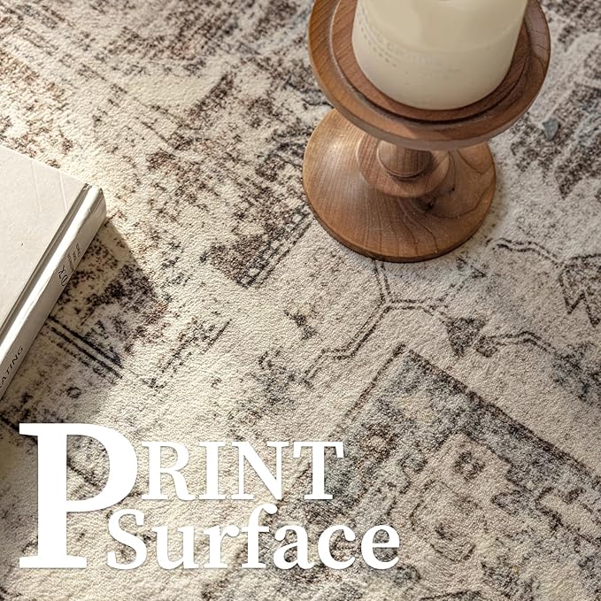 5'x7' Area Rug - Vintage Persian Medallion Design Low-Pile Faux Wool Rug, Non-Slip Backing, Machine Washable, for Living Room, Dining Room, Bedroom (Cream/Taupe)