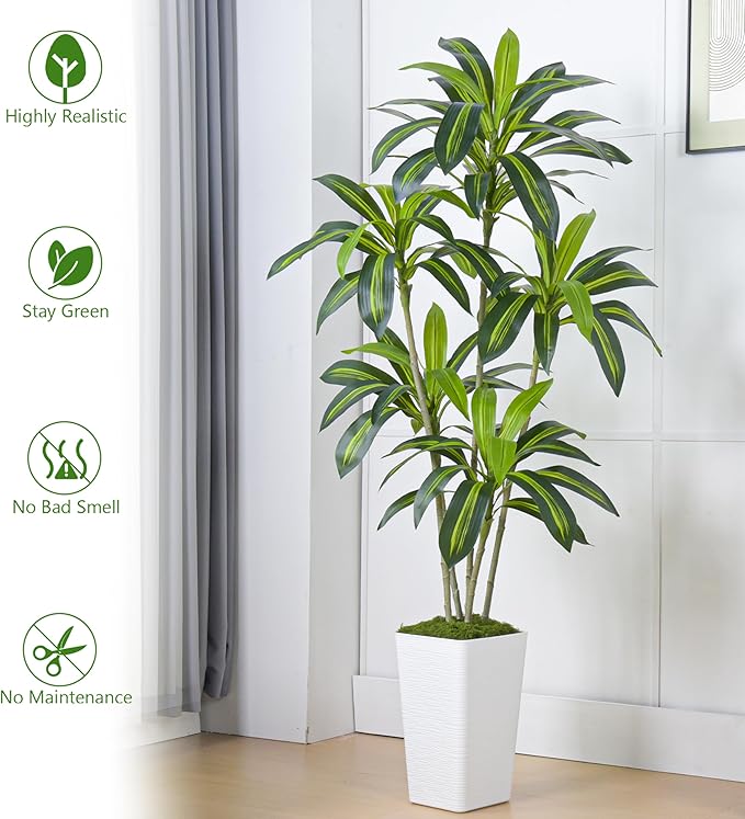 Artificial Dracaena Tree Artificial Silk Tree Faux Tree Fake Tropical Yucca Floor Plant with White Tall Planter (1, White Tall Planter, 6FT)