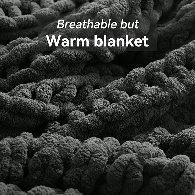 Chunky Knit Throw Blanket, 50''*60'' Knitted Throw Chenille Yarn for Bed Couch, Handmade Dark Grey Crochet Big Thick Blanket, Machine Washable Cute Comfy Blanket for Home Decor