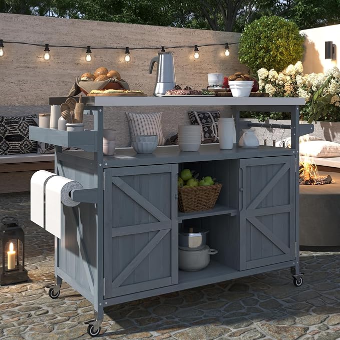 Outdoor Kitchen Island, Rolling Bar Cart & Storage Cabinet, Farmhouse Solid Wood Outdoor Grill Table with Stainless Steel Top, Spice Rack, Towel Rack for Kitchen & BBQ, Grey Blue