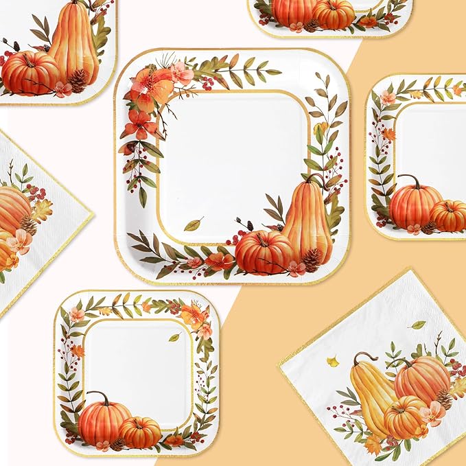 Grencian 200Pcs Fall Plates and Napkins Thanksgiving Plates Pumpkin Flower Wreath Plate Disposable Pumpkin Tableware Fall Party Supplies for Autumn Harvest Thanksgiving Party Decorations, Serves 50