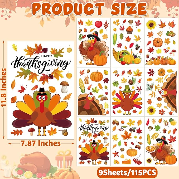 9 Sheets Thanksgiving Window Clings, 115PCS Thanksgiving Decorations Window Stickers, Turkey Decal Stickers with Cute Cones Nuts Maple Leaves Patterns for Fall Harvest Decorations Decor Accessories