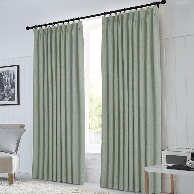 Macochico Extra Wide 100% Blackout Linen Curtains for Sliding Door Pleated Curtains with Hooks Insulated Soft Linen Drapes for Bedroom Living Room with Tieback Fog Green 100”Wx84”L 1 Panel