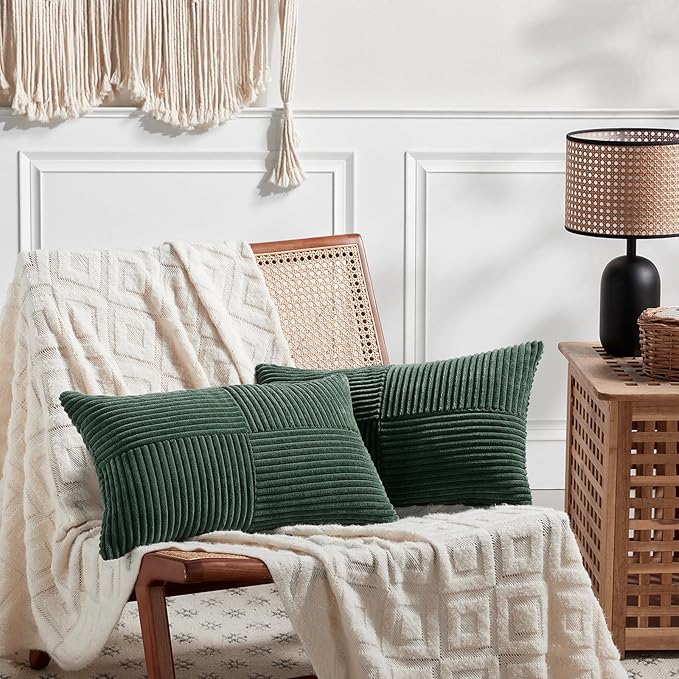 Fancy Homi Set of 2 Dark Green Lumbar Decorative Throw Pillow Covers 12x20 Inch for Living Room Couch Bed, Boho Farmhouse Forest Green Home Decor, Soft Corduroy Corss Patchwork Cushion Case