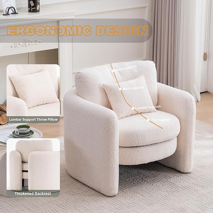 Chenille Accent Armchair Oversize Upholstered Barrel Comfy Modern Round Lounge Sofa Chair with Pillow Cozy Reading Chairs for Apartment,Office,Living Room,Dining,Makeup,Club,Beige 2SET