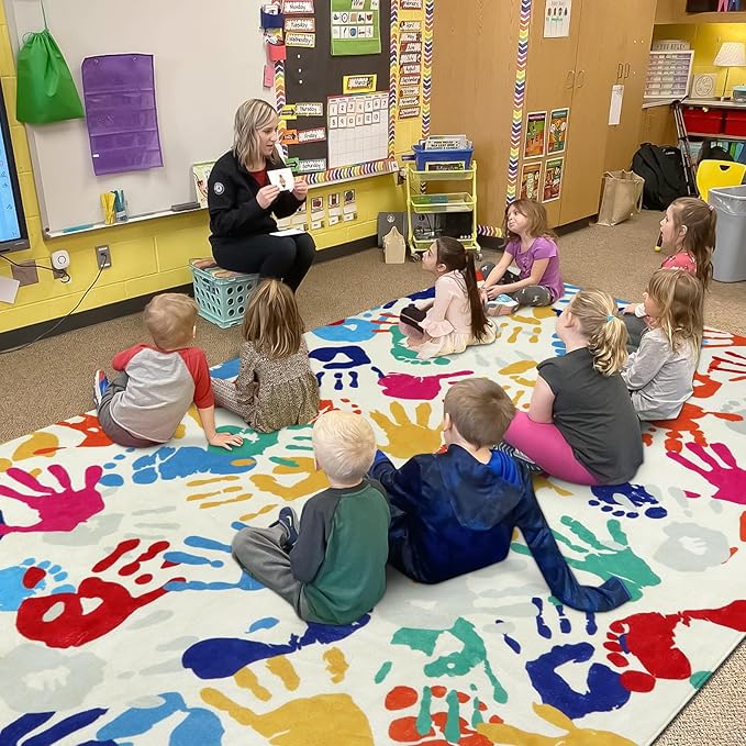 STARUIA Large Kids Rug for Playroom, 8'x10' Handprints and Footprints Colorful Rug for Classroom, Non-Slip Washable Rugs for Nursery, Soft Throw Carpet Indoor Playmat for Kids Room Dorm Bedroom
