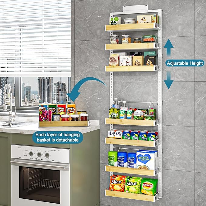 bukfen Over the Door Pantry Organizer 8-Tier Adjustable Basket Kitchen Pantry Door Organization and Storage, 2 in 1 Wall Mount or Hanging Heavy-Duty Metal Hanging Kitchen Spice Rack
