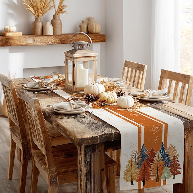 GEEORY Fall Watercolor Trees & Maple Leaves Striped Table Runner 13x60 Inch, Rustic Farmhouse Autumn Thanksgiving Decor for Kitchen, Dining, Indoor/Outdoor Holiday Dinner Party Orange GT157-60
