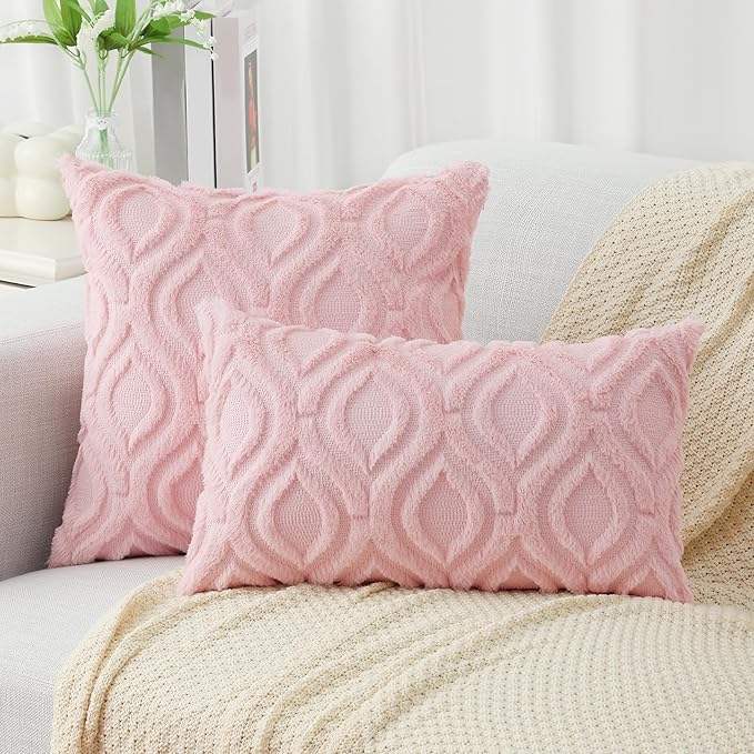 decorUhome Throw Pillow Covers 16x16 Inch Set of 2, Soft Plush Decorative Faux Fur Light Pink Solid Couch Pillow Covers, Accent Farmhouse Neutral Square Euro Pillow Cases for Sofa Bed Living Room