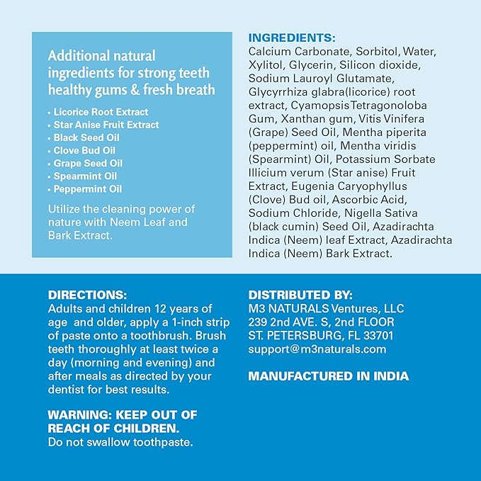 Fluoride-Free Neem Toothpaste with Mint for Adults & Kids with Sensitivity | Vegan, Gluten & SLS Free Herbal Formula for Sensitive Teeth, Healthy Gums and Fresh Breath, 4.23 oz (120 g) Pack of 2 by M3