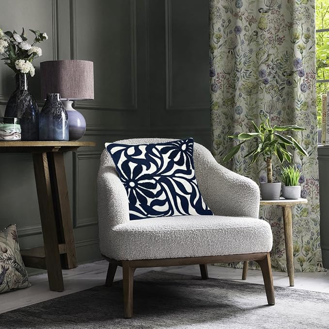 Alysheer Farmhouse Floral Leaves Embroidered Decorative Throw Pillow Cover 18x18 inches, Boho Tufted Flowers Embroidery Pattern Chic Cotton Cushion Case for Couch Bed Sofa Living Room(Navy Blue)