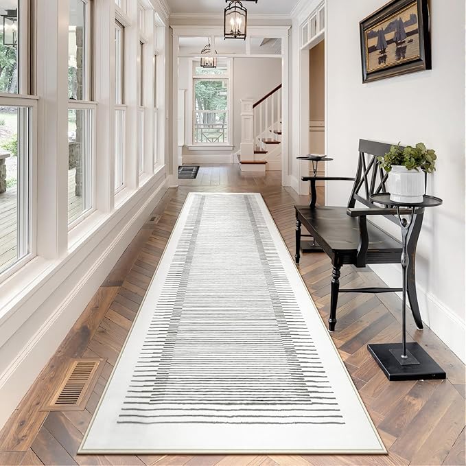 Wonnitar Washable Striped Runner Rug 2'6"x8', Non-Slip Berber Stripe Hallway Runner, Low Pile Minimalist Kitchen Soft Carpet Runner for Bedroom Bathroom Laundry Entryway (Grey, 2'6" x 8')