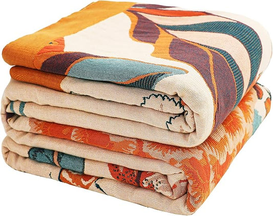 Boho Throw Blanket, 100% Organic Cotton Breathable Soft Lightweight All Season Rustic Bed Throw - Floral Bird Farmhouse Decor Blanket for Sofa Couch Chair Quilt and Gift. 60" x 80"
