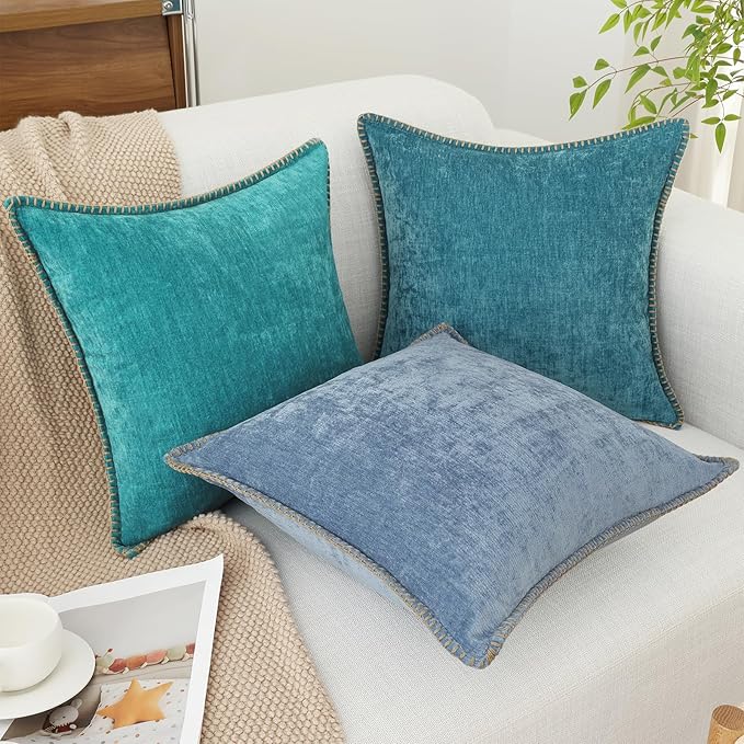 decorUhome Chenille Soft Throw Pillow Covers 18x18 Set of 2, Farmhouse Velvet Neutral Decorative Euro Pillow Covers with Stitched Edge for Couch Sofa Bed Home Decor, Teal
