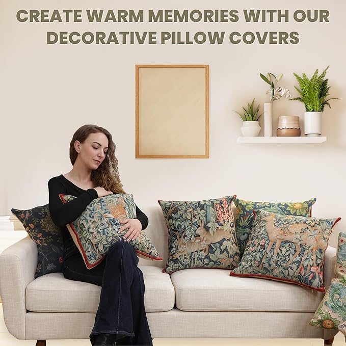 Charlotte Home Furnishings Decorative Tapestry Pillow Cover 19x19 in, Blue Tree Couch Throw Pillow Cover, French Country Square Cushion Cases for Living Room Home Decor, Soft Cotton Jacquard Woven