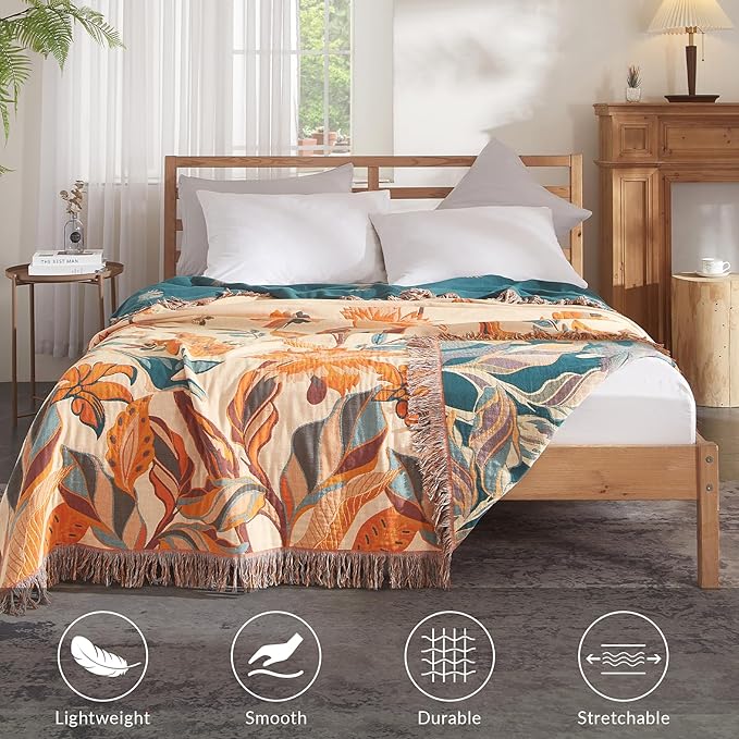 Boho Throw Blanket for Couch Sofa Bed, 100% Cotton Woven Quilt with Tassel 60”x80”, Super Soft Muslin Blanket with Floral Printed, Decorative Reversible Bed Blanket/Cover for All Seasons