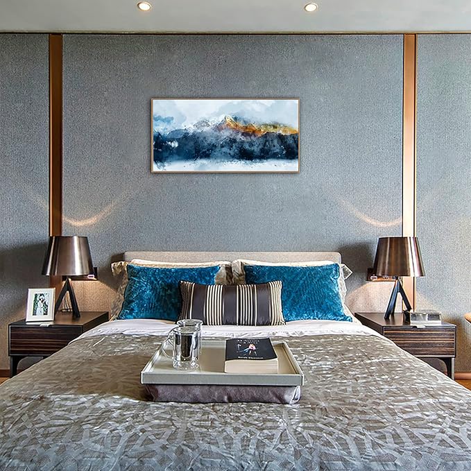 Framed Canvas Wall Art Indigo Abstract Mountain Pictures Wall Decor Blue Grey Orange Mountain Peaks Canvas Painting Prints Modern Abstract Artwork for Living Room Bedroom Decoration 24" x 48"