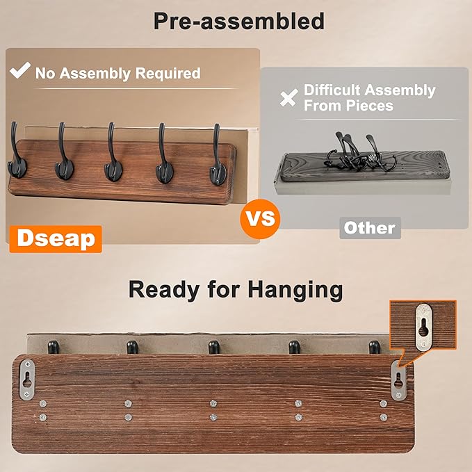 Dseap Wall Mounted Coat Rack: Patented, Heavy-Duty, 17.4" Long 5-Double-Hooks Wooden Hanger Rail for Winter Coats, Hats, Jackets, Clothing - Black, Pack of 2