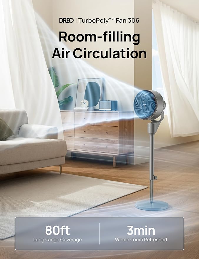 Dreo Fan for Bedroom, 80° Oscillating Standing Fan, 25dB Quiet, 80ft Pedestal Fans for Home Office, 90° Manual Vertical, 3 Speeds, Remote, 34-41" Adjustable Height, Air Circulator