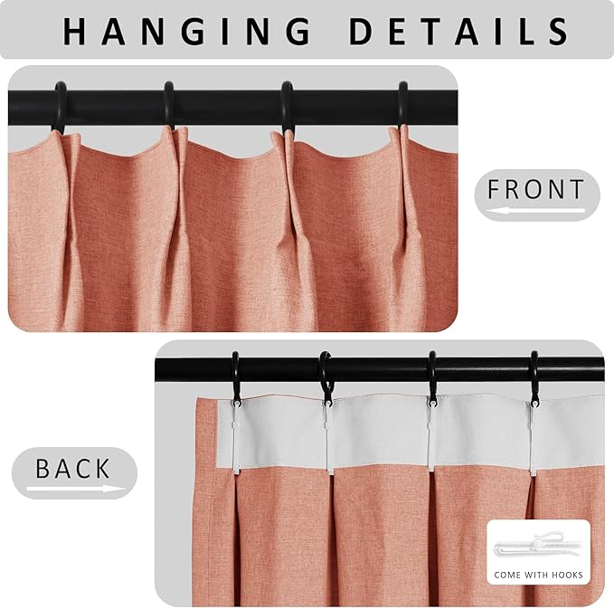 Macochico Pinch Pleated Blackout Curtains 102 Inches Long 100% Blackout Natural Linen Drapes for Bedroom Living Room Windows Farmhouse Burlap Curtains with Tieback 52”Wx102”L Orange 1 Panel
